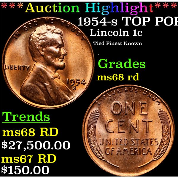 **Auction Highlight*** 1954-s Lincoln Cent TOP POP! 1c Graded GEM+++ Unc RD By USCG (fc)