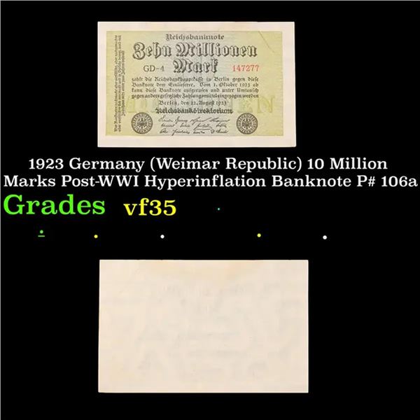 1923 Germany (Weimar Republic) 10 Million Marks Post-WWI Hyperinflation Banknote P# 106a Grades vf++