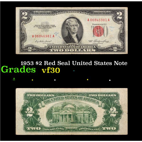 1953 $2 Red Seal United States Note Grades vf++