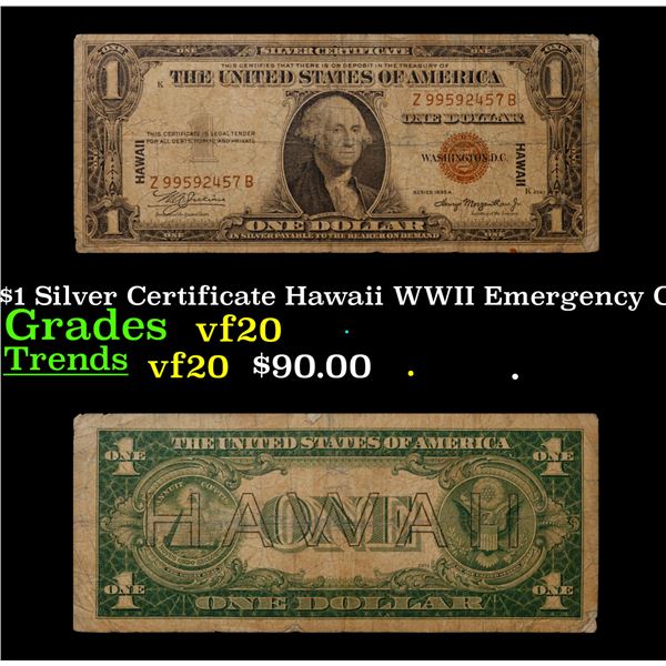 1935A $1 Silver Certificate Hawaii WWII Emergency Currency Grades vf, very fine