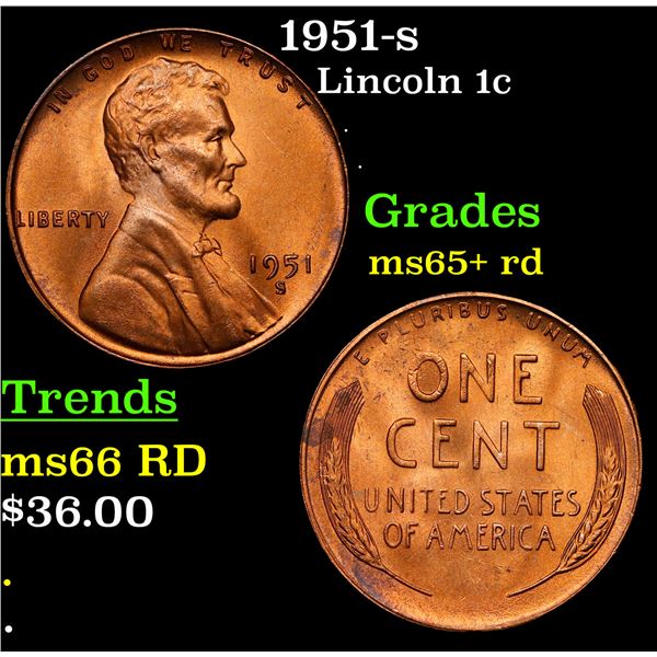 1951-s Lincoln Cent 1c Grades Gem+ Unc RD