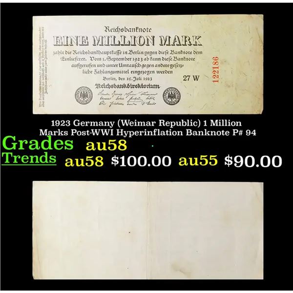 1923 Germany (Weimar Republic) 1 Million Marks Post-WWI Hyperinflation Banknote P# 94 Grades Choice 