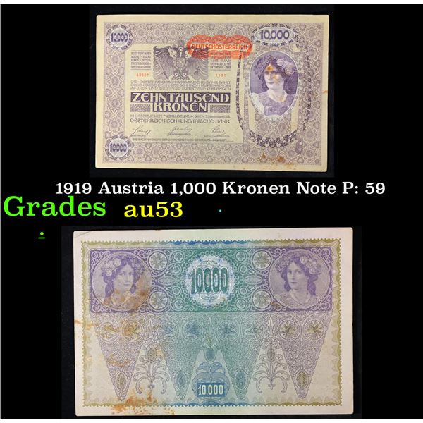 1919 Austria 1,000 Kronen Note P: 59 Grades Select AU