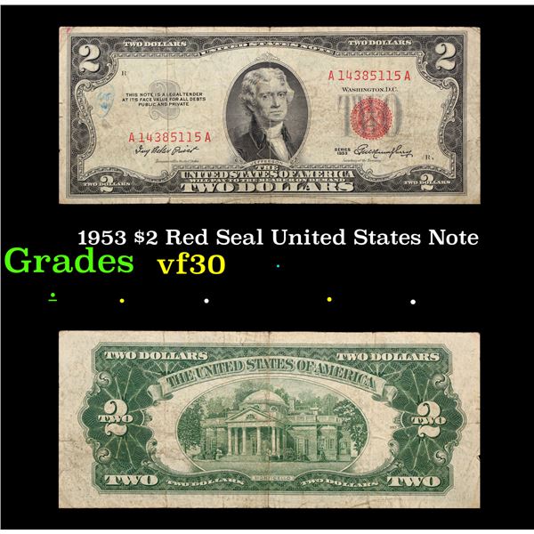 1953 $2 Red Seal United States Note Grades vf++