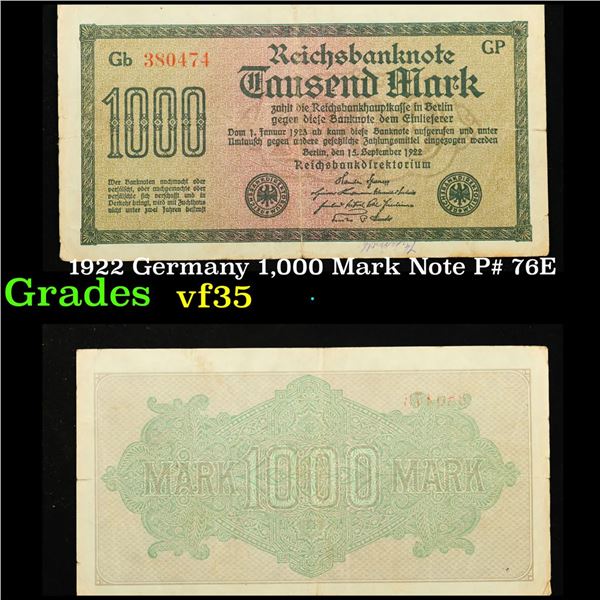 1922 Germany 1,000 Mark Note P# 76E Grades vf++