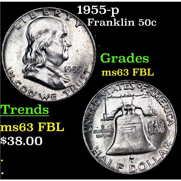 1955-p Franklin Half Dollar 50c Grades Select Unc FBL