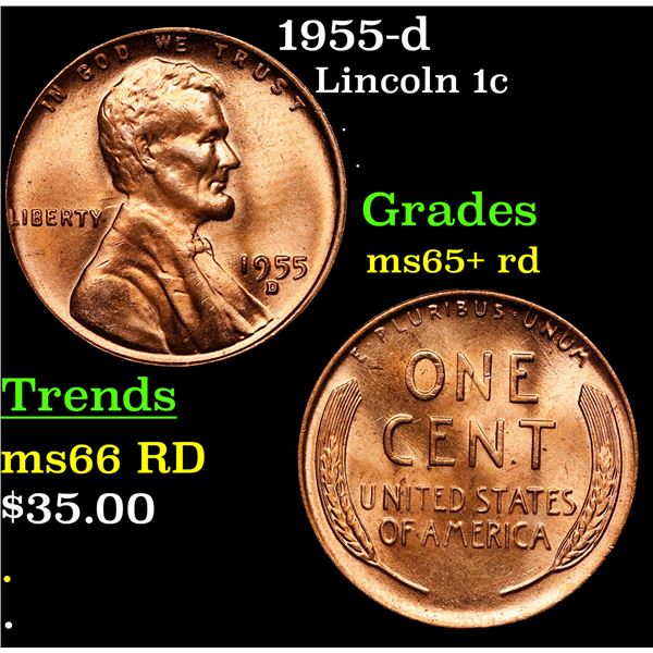 1955-d Lincoln Cent 1c Grades Gem+ Unc RD