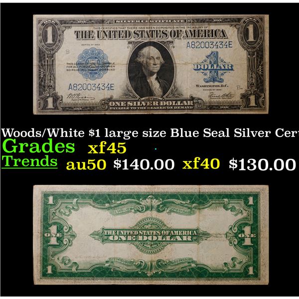 1923 $1 large size Blue Seal Silver Certificate Grades xf+ Signatures Woods/White