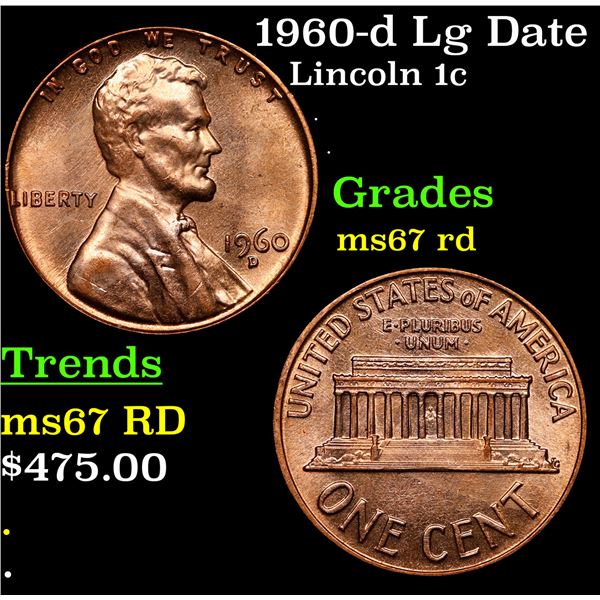 1960-d Lg Date Lincoln Cent 1c Grades GEM++ Unc RD