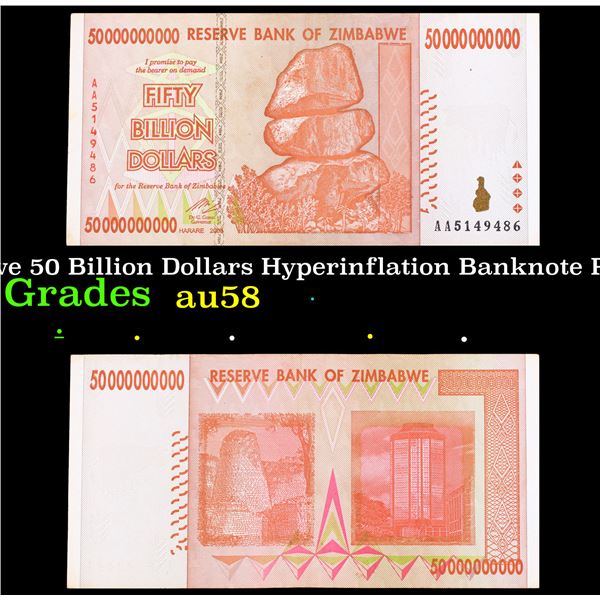 2007-2008 Zimbabwe 50 Billion Dollars Hyperinflation Banknote P# 87, 3rd dollar ZWR Grades Choice AU