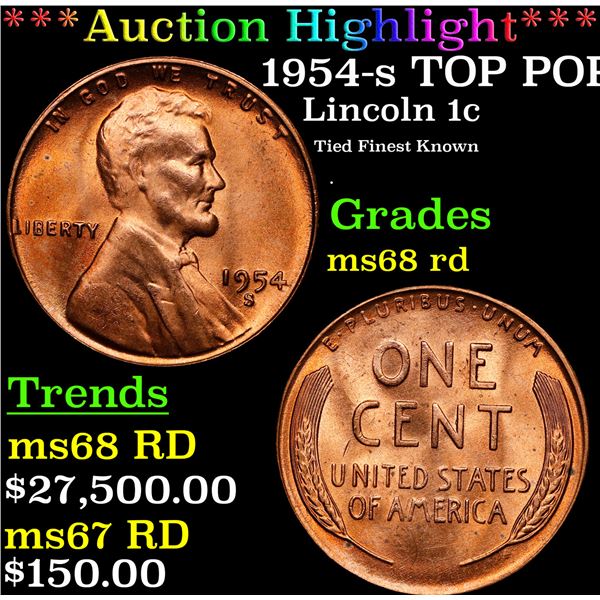 **Auction Highlight*** 1954-s Lincoln Cent TOP POP! 1c Graded GEM+++ Unc RD By USCG (fc)