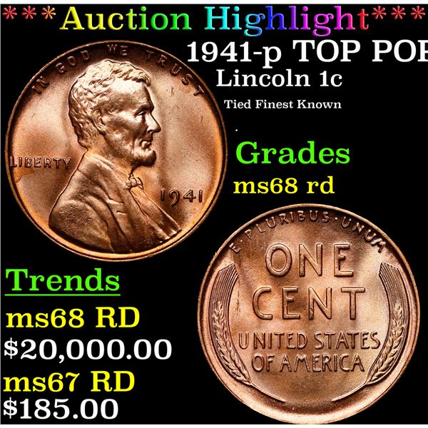 **Auction Highlight*** 1941-p Lincoln Cent TOP POP! 1c Graded GEM+++ Unc RD By USCG (fc)