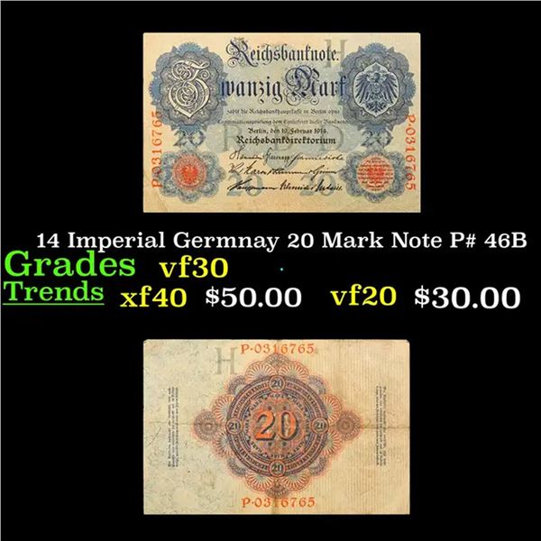 14 Imperial Germnay 20 Mark Note P# 46B Grades vf++