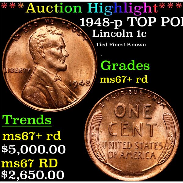 **Auction Highlight*** 1948-p Lincoln Cent TOP POP! 1c Graded GEM++ RD By USCG (fc)