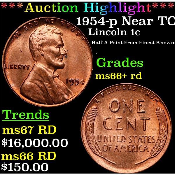 **Auction Highlight*** 1954-p Lincoln Cent Near TOP POP! 1c Graded GEM++ RD By USCG (fc)