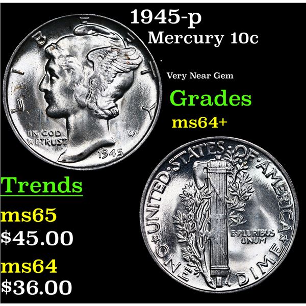 1945-p Mercury Dime 10c Grades Choice+ Unc