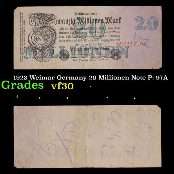 1923 Weimar Germany 20 Millionen Note P: 97A Grades vf++