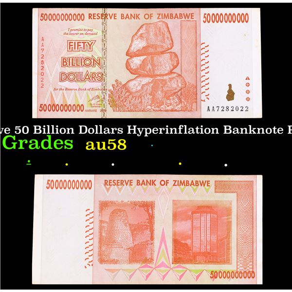 2007-2008 Zimbabwe 50 Billion Dollars Hyperinflation Banknote P# 87, 3rd dollar ZWR Grades Choice AU