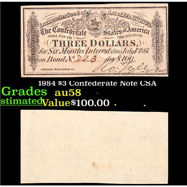 1984 $3 Confederate Note CSA Grades Choice AU/BU Slider