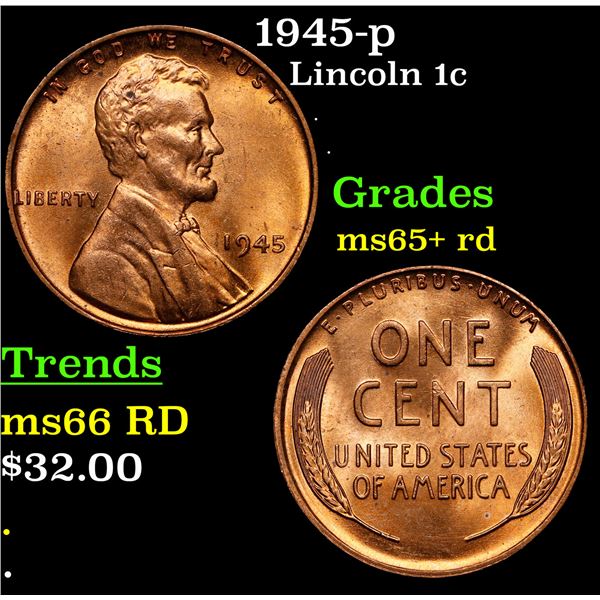 1945-p Lincoln Cent 1c Grades Gem+ Unc RD