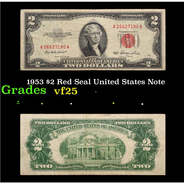 1953 $2 Red Seal United States Note Grades vf+