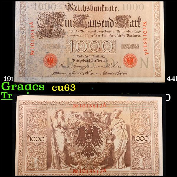 1910 Imperial Germany 1,000 Mark Note P: 44B Grades Select CU