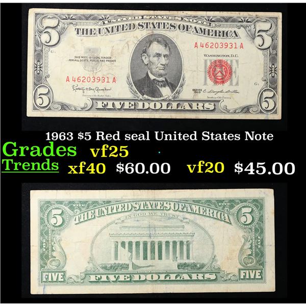 1963 $5 Red seal United States Note Grades vf+