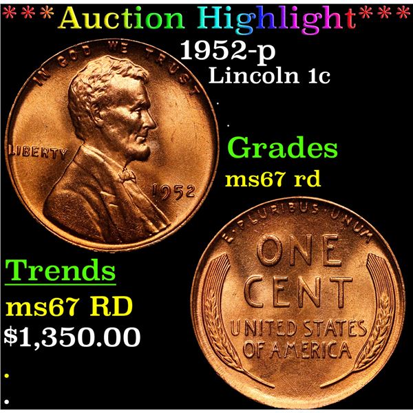 **Auction Highlight*** 1952-p Lincoln Cent 1c Graded GEM++ Unc RD By USCG (fc)