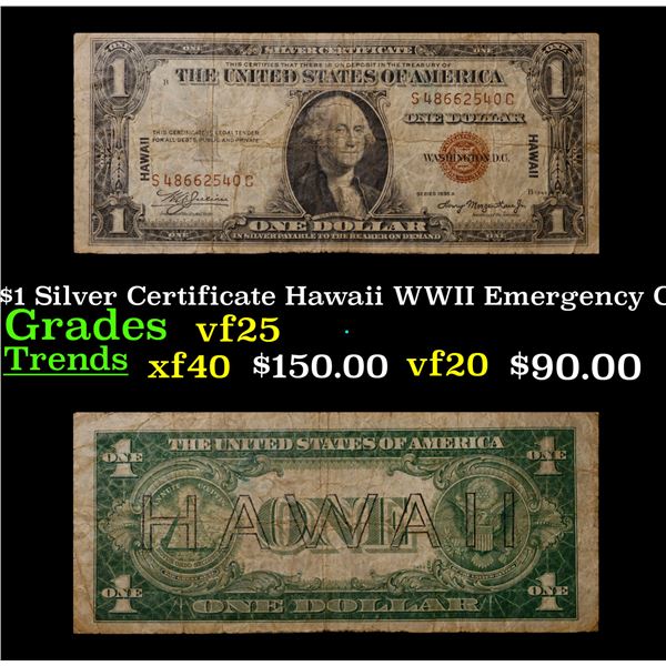 1935A $1 Silver Certificate Hawaii WWII Emergency Currency Grades vf+