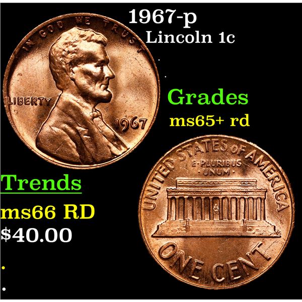 1967-p Lincoln Cent 1c Grades Gem+ Unc RD