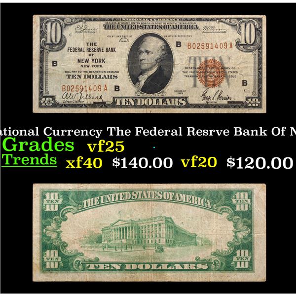 1929 $10 National Currency The Federal Resrve Bank Of New York, NY Grades vf+