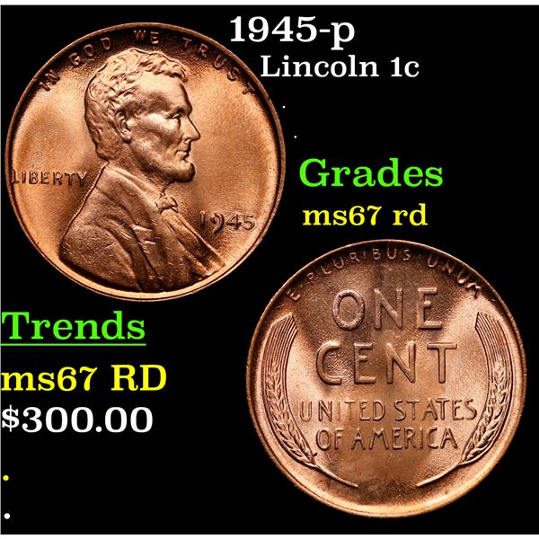 1945-p Lincoln Cent 1c Grades GEM++ Unc RD