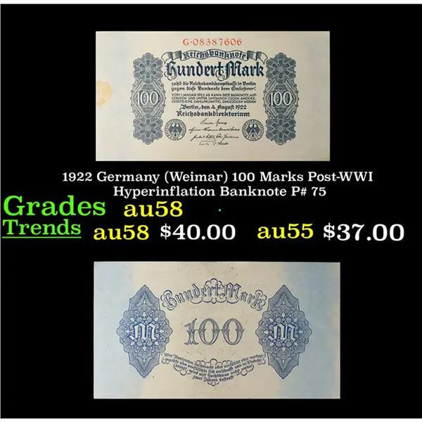 1922 Germany (Weimar) 100 Marks Post-WWI Hyperinflation Banknote P# 75 Grades Choice AU/BU Slider