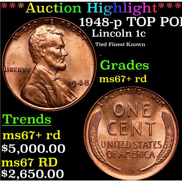 **Auction Highlight*** 1948-p Lincoln Cent TOP POP! 1c Graded GEM++ RD By USCG (fc)