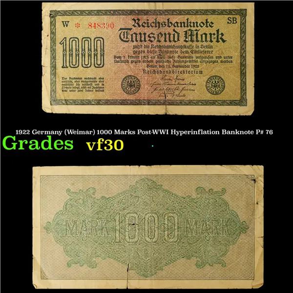 1922 Germany (Weimar) 1000 Marks Post-WWI Hyperinflation Banknote P# 76 Grades vf++