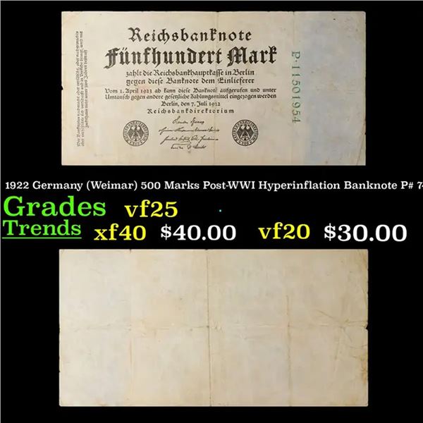 1922 Germany (Weimar) 500 Marks Post-WWI Hyperinflation Banknote P# 74c Grades vf+