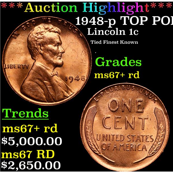 **Auction Highlight*** 1948-p Lincoln Cent TOP POP! 1c Graded GEM++ RD By USCG (fc)