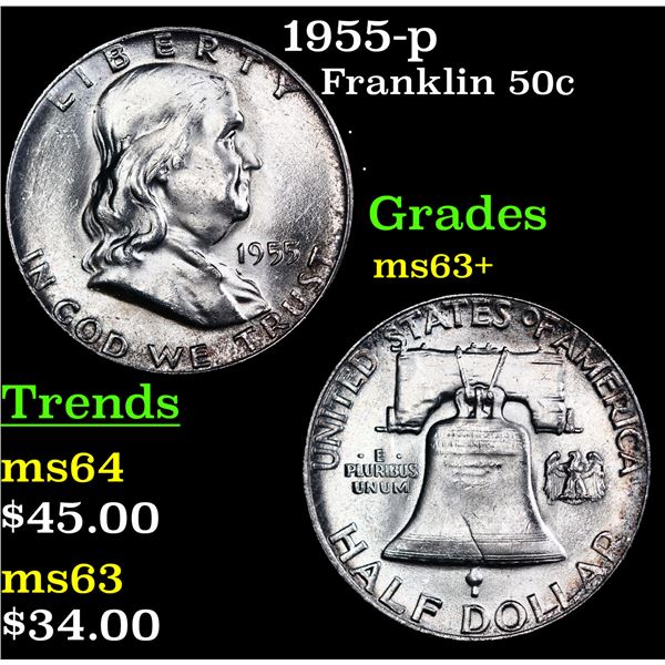 1955-p Franklin Half Dollar 50c Grades Select+ Unc