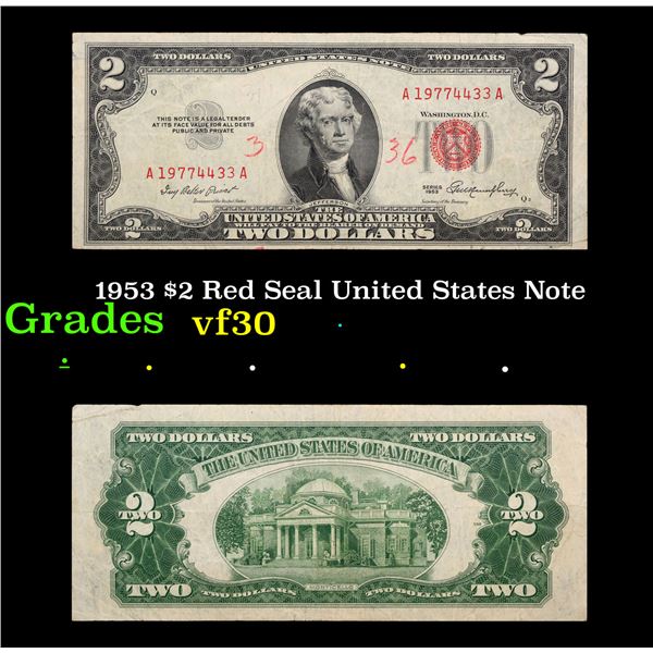 1953 $2 Red Seal United States Note Grades vf++