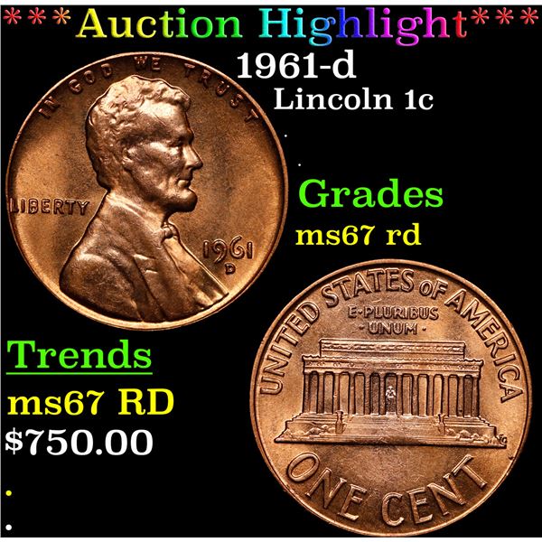 **Auction Highlight*** 1961-d Lincoln Cent 1c Graded GEM++ Unc RD By USCG (fc)