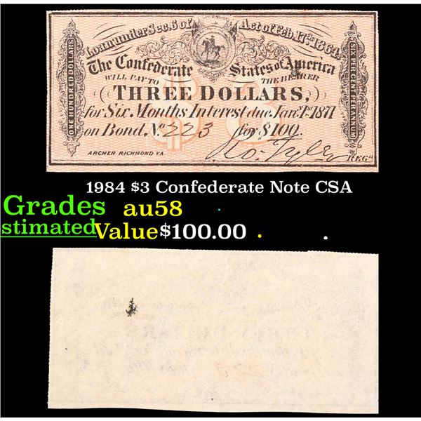 1984 $3 Confederate Note CSA Grades Choice AU/BU Slider