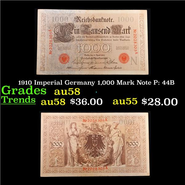 1910 Imperial Germany 1,000 Mark Note P: 44B Grades Choice AU/BU Slider