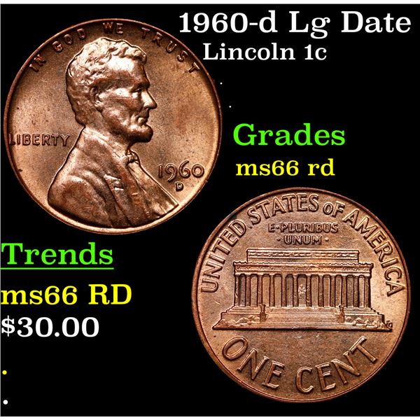 1960-d Lg Date Lincoln Cent 1c Grades GEM+ Unc RD