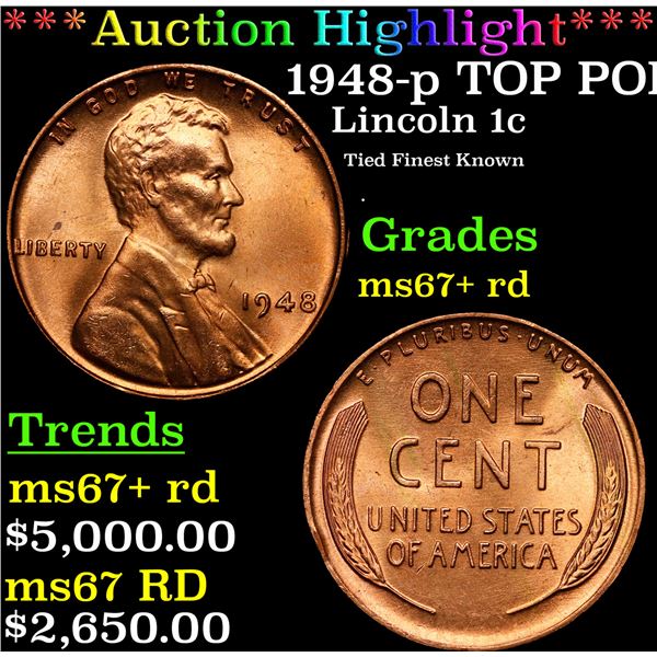 **Auction Highlight*** 1948-p Lincoln Cent TOP POP! 1c Graded GEM++ RD By USCG (fc)