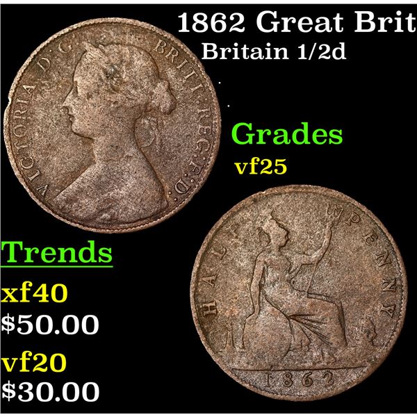 1862 Great Britain Half Penny KM# 748.2 Grades vf+