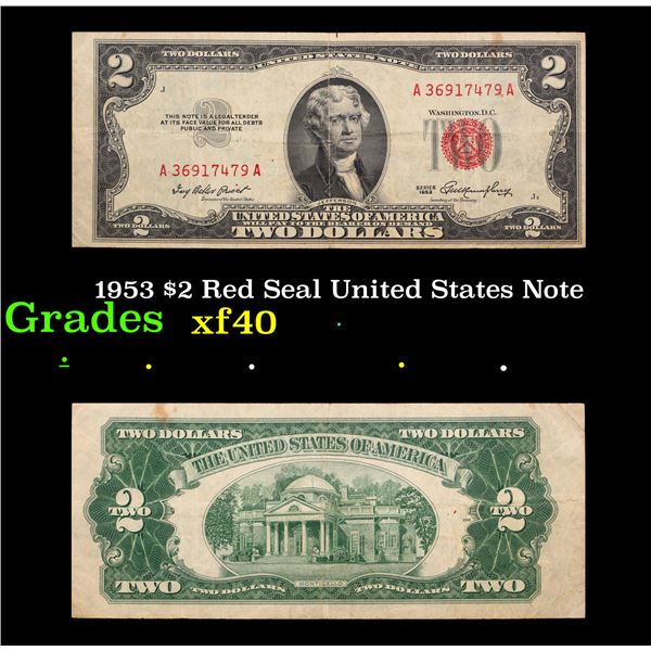 1953 $2 Red Seal United States Note Grades xf