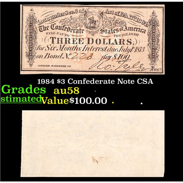 1984 $3 Confederate Note CSA Grades Choice AU/BU Slider