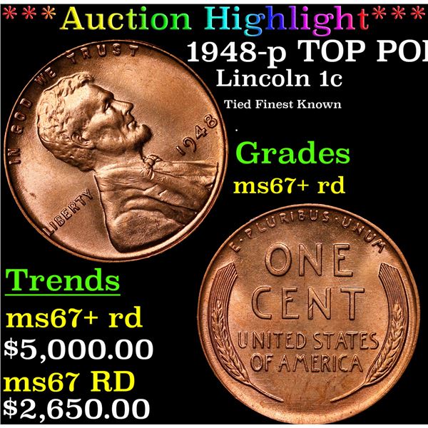 **Auction Highlight*** 1948-p Lincoln Cent TOP POP! 1c Graded GEM++ RD By USCG (fc)