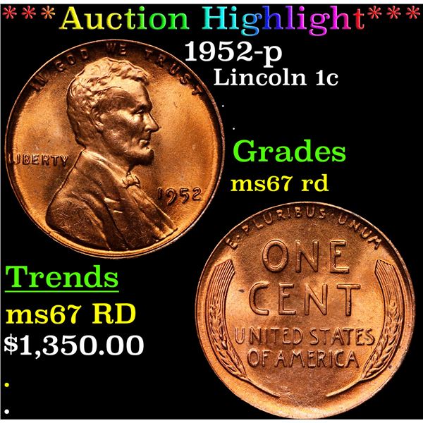 **Auction Highlight*** 1952-p Lincoln Cent 1c Graded GEM++ Unc RD By USCG (fc)