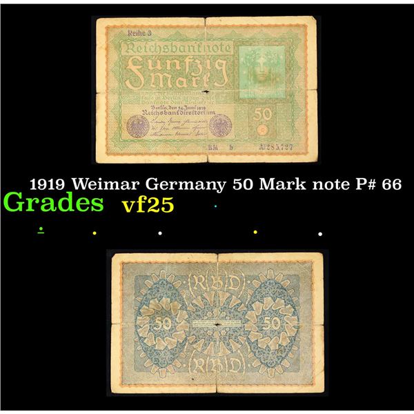 1919 Weimar Germany 50 Mark note P# 66 Grades vf+